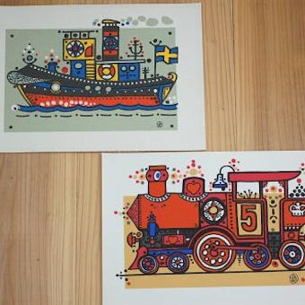 スウェーデンで見つけたキャンバス素材のイラスト2枚セット（船と汽車、A4サイズ）の商品写真