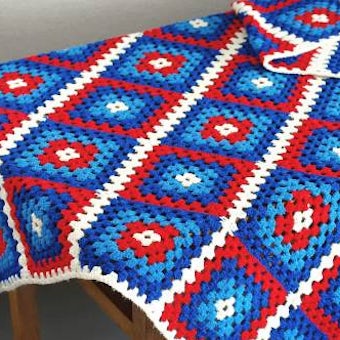 スウェーデンて見つけた手編みブランケット（ブルー＆レッド）の商品写真