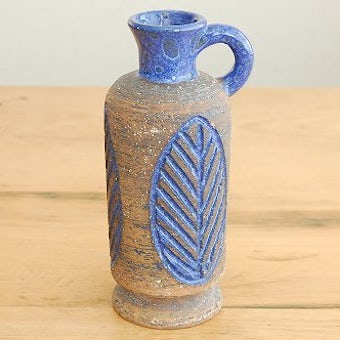 スウェーデン/LAHOLM/持ち手付き陶器の花瓶（ブルー・葉っぱ模様）の商品写真