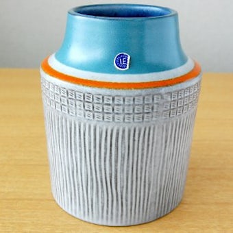 Upsala Ekeby/ウプサラエクビイ/Mari Simmulson/陶器の花瓶（大）（グレー＆オレンジライン）の商品写真