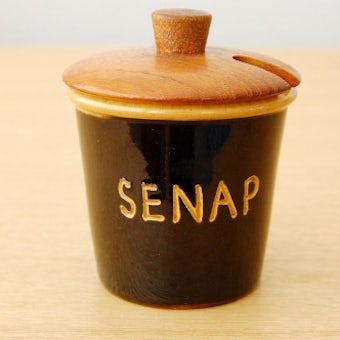 ホガナス社製/陶器のマスタードポット（木蓋付き）の商品写真