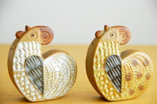 スウェーデンで見つけたニワトリモチーフのソルト＆ペッパーセット（底の栓なし）の商品写真