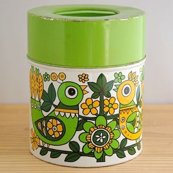 スウェーデンで見つけたレトロなブリキ缶（グリーン小鳥柄）の商品写真