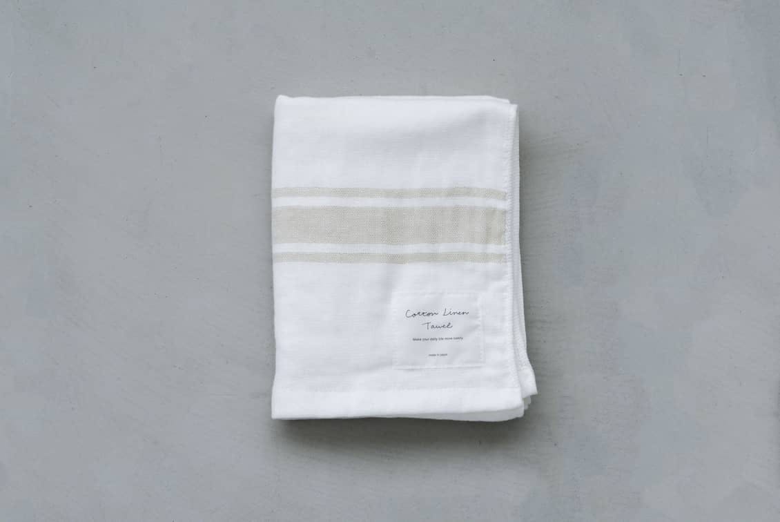 さらりと心地よい、コットンリネンのフェイスタオル（ホワイト×ベージュ）の商品写真