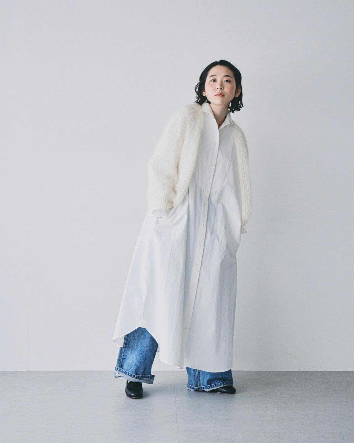 定番　北欧、暮らしの道具店　ロングワンピース　シャツ　コットン 憧れを、凛と」白いシャツワンピース / 前田敬子さんコラボ（M