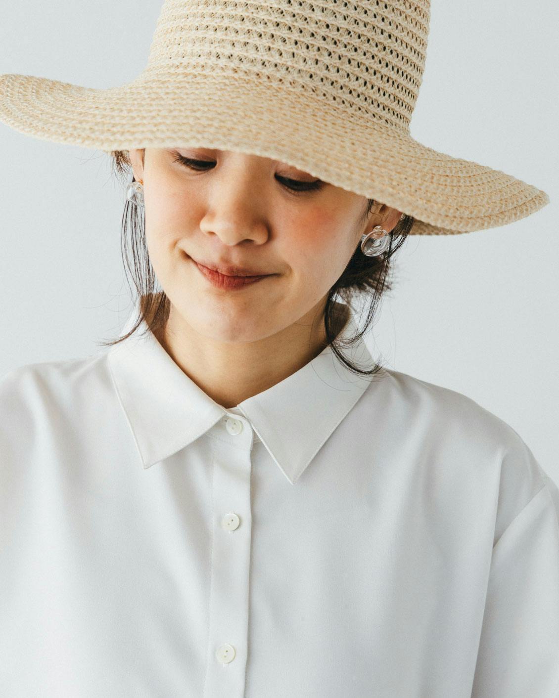「夏にうれしい新定番」涼やか素材のドロスト半袖シャツ / アイスブルー　北欧 夏にうれしい新定番」涼やか素材のドロスト半袖シャツ（ホワイト