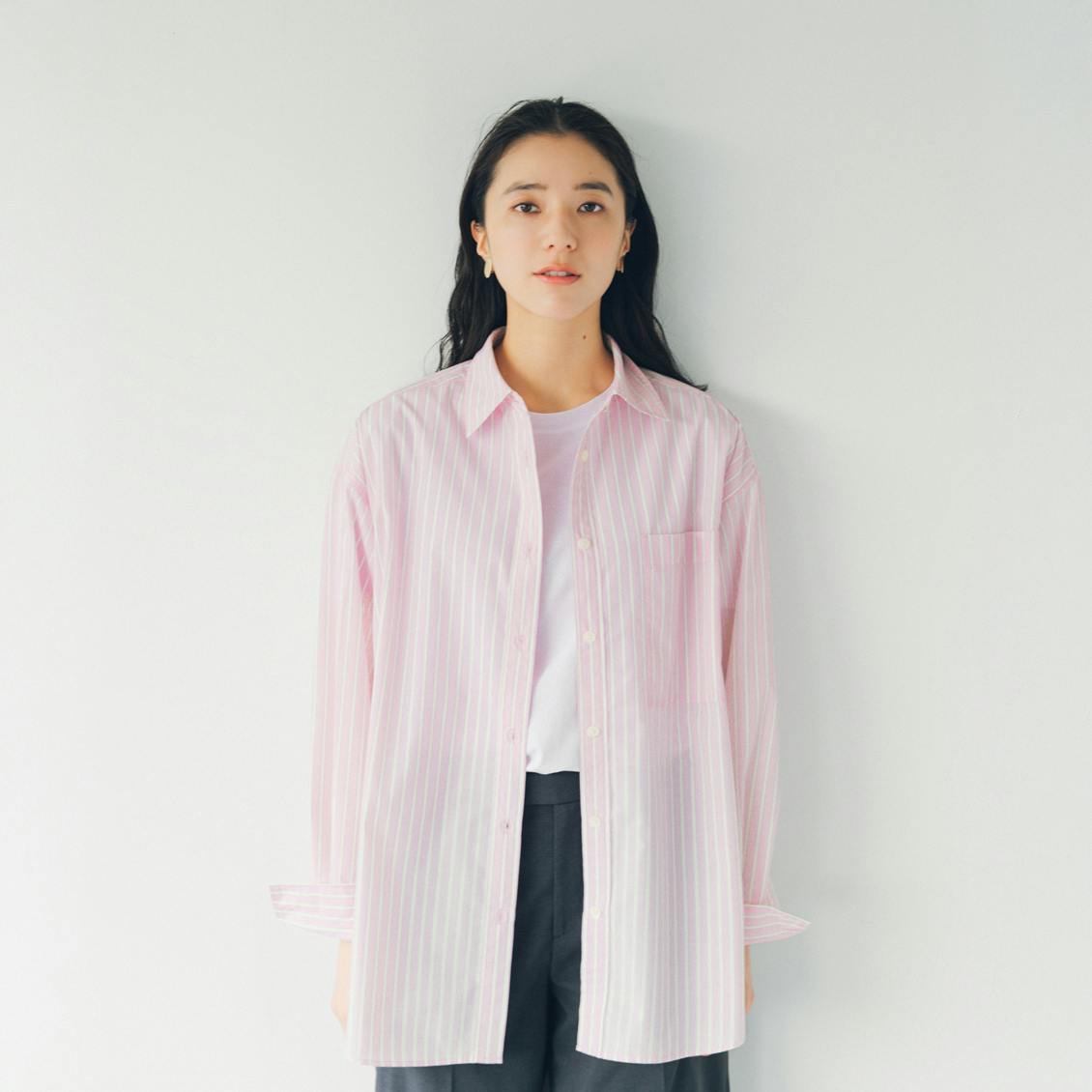 「ノーアイロンで、そのままキレイ」UVカットもできるオーバーシャツ / ストライプ（ピンク×グリーン） / Sサイズの商品写真